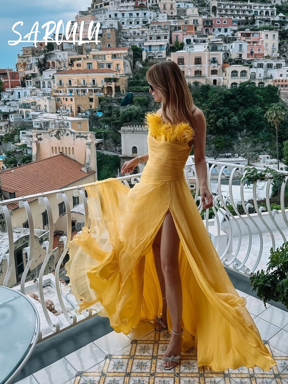 Women'S Formal Resort Wear - Vibrant Yellow Feather Strapless Evening Gown