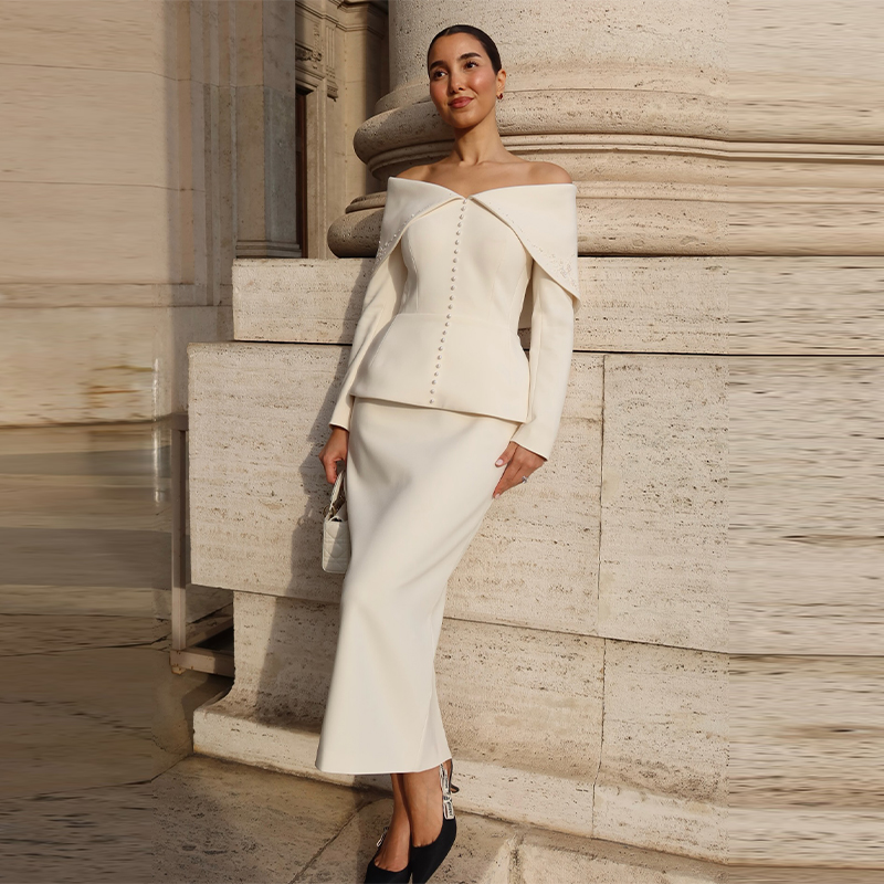 Women Formal Wear Set - Elegant French White Peplum Two Piece