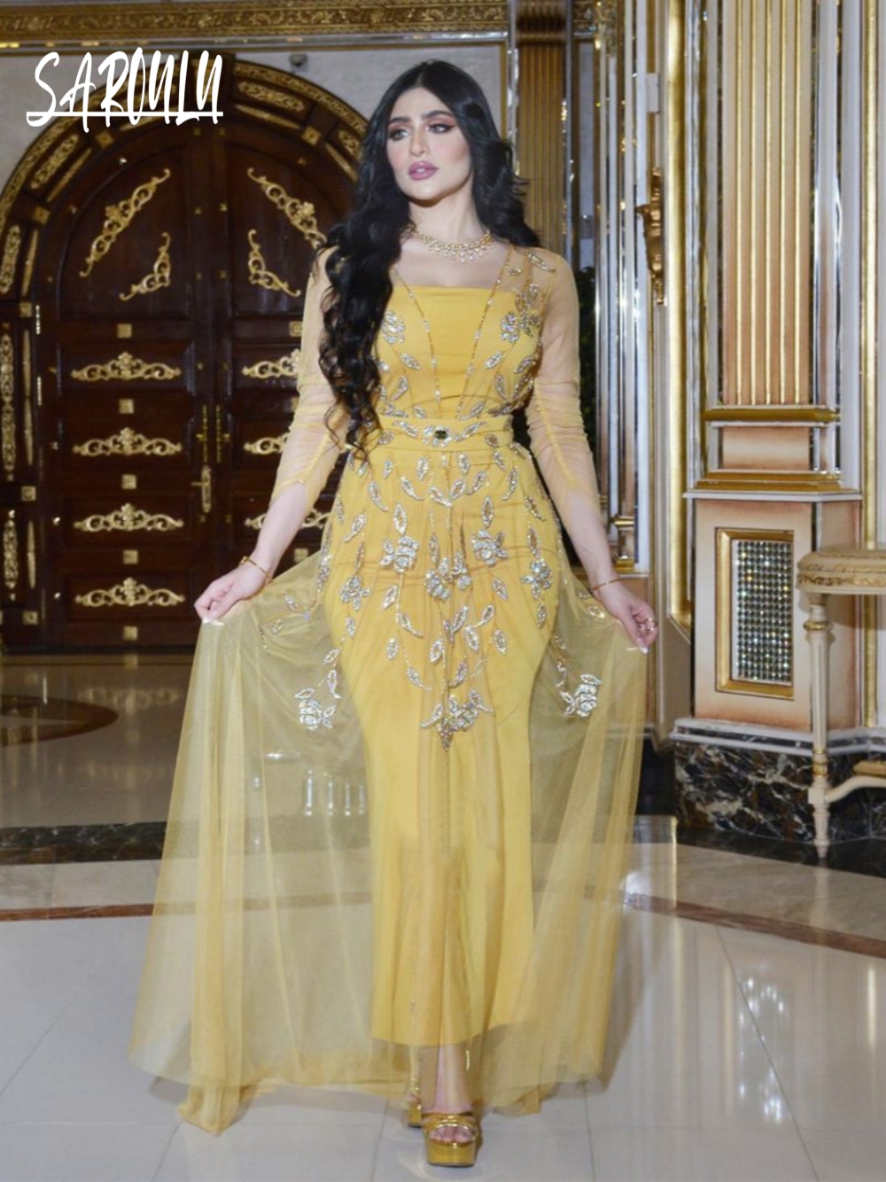Elegant Yellow Caftan Evening  - Yellow Formal Wear Women reseña y precio