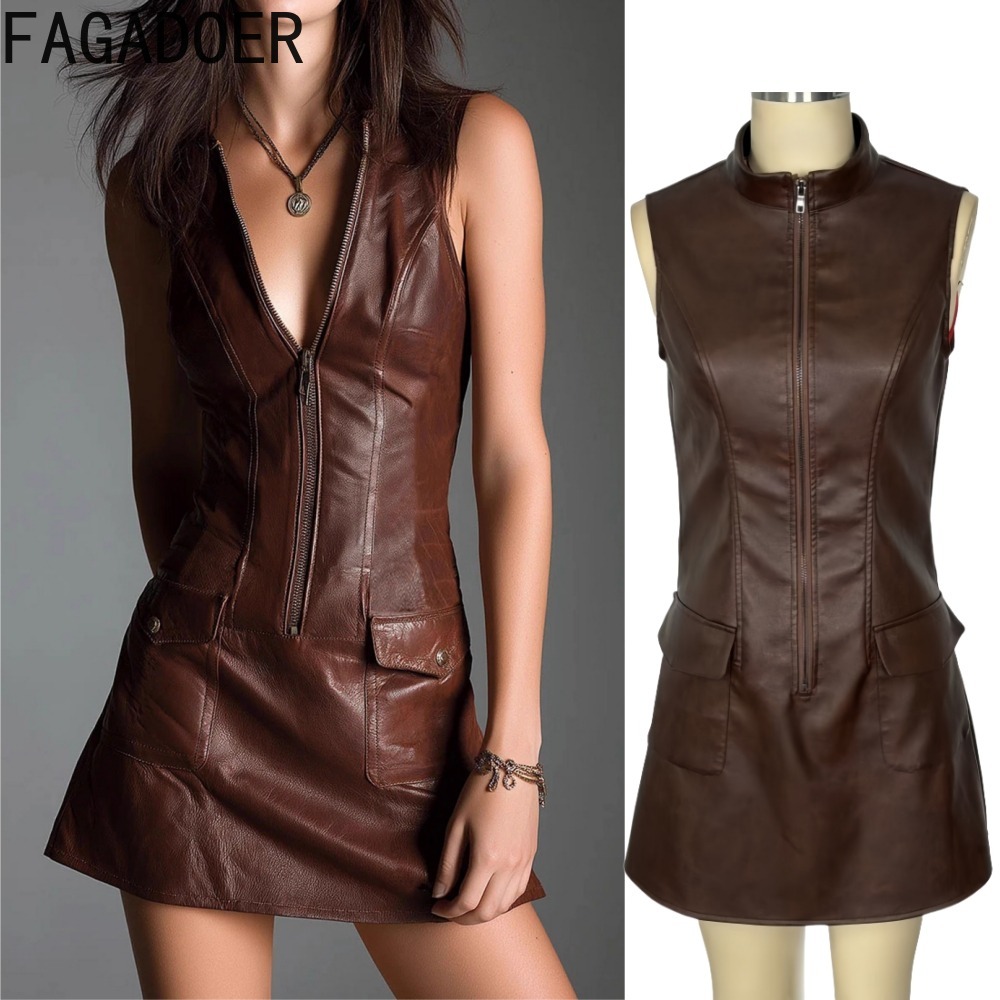 FAGADOER Fashion Leather Zippe - Shift Dress Sleeveless reseña y precio
